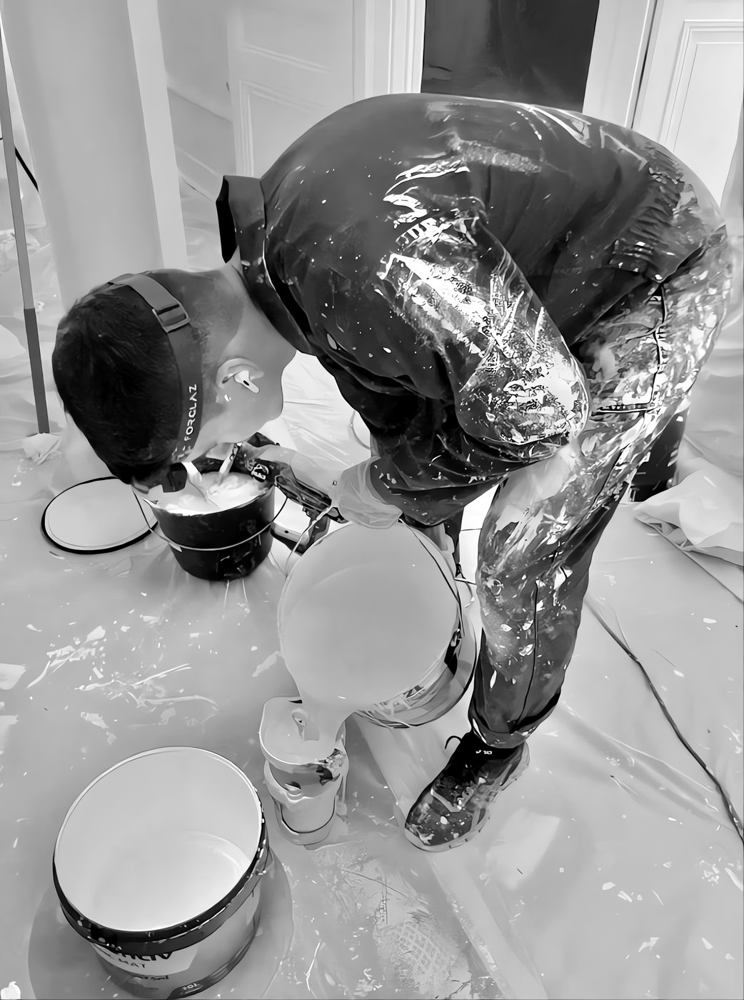 Chantier de peinture entièrement bâché et protégé avant application dans un logement lyonnais